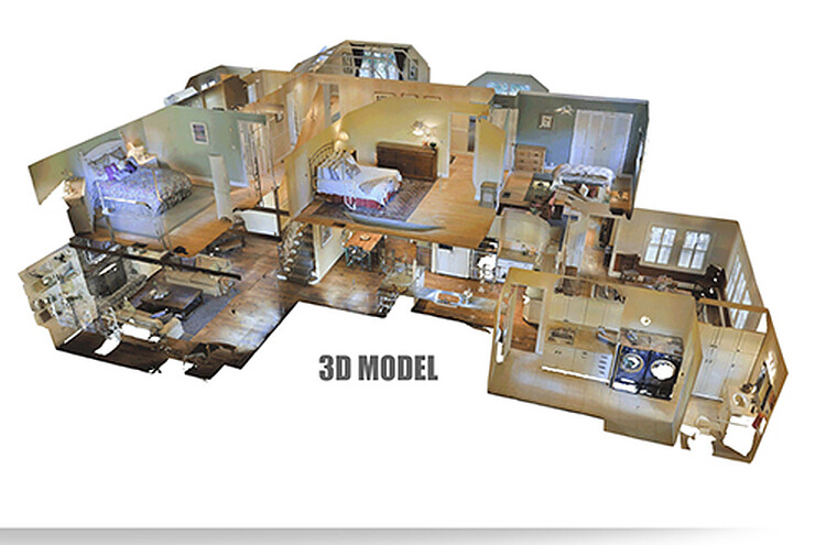 3D dollhouse model of a two-storey home generated from a Matterport scan