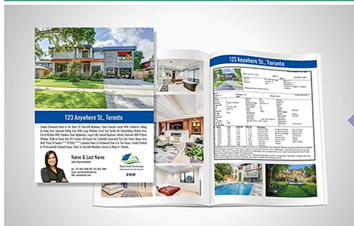 Twelve-page real estate feature book opened to show interior photography and a property detail page