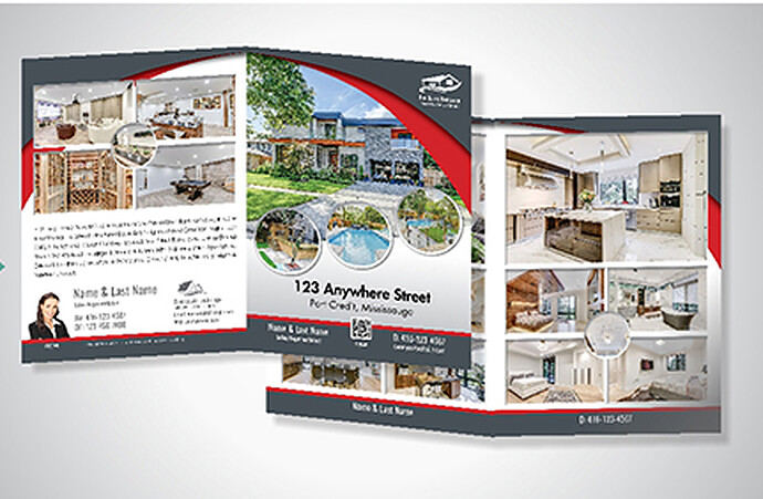 Four-page real estate feature sheet folded to 8.5 by 11 inches, showing property photos and details