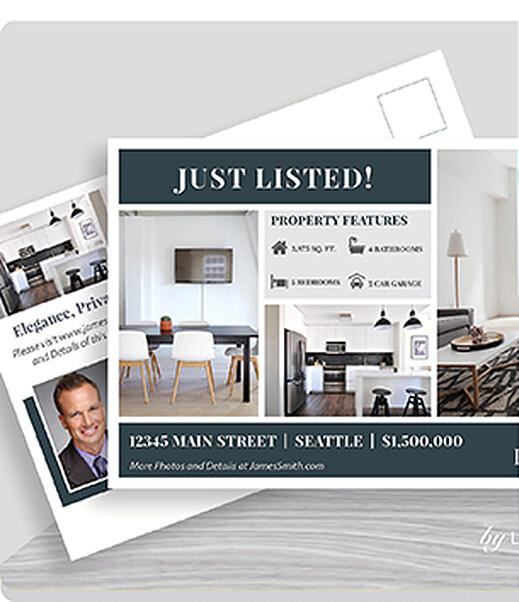 Just Listed real estate postcards printed on 14pt matte stock, front and back