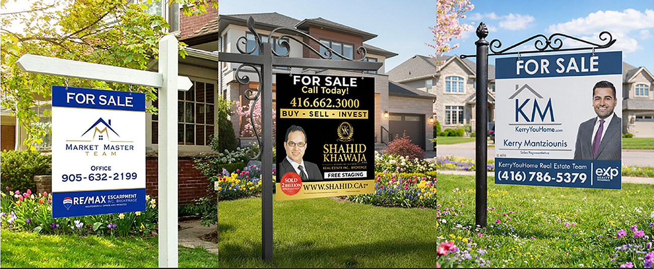 Three For Sale real estate lawn signs on posts in front of GTA homes, printed for RE/MAX Escarpment, Shahid Khawaja and KerryYouHome eXp Realty