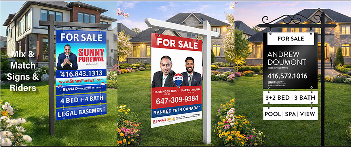 Three 32 by 48 inch For Sale signs with mix and match riders on lawns in front of GTA homes