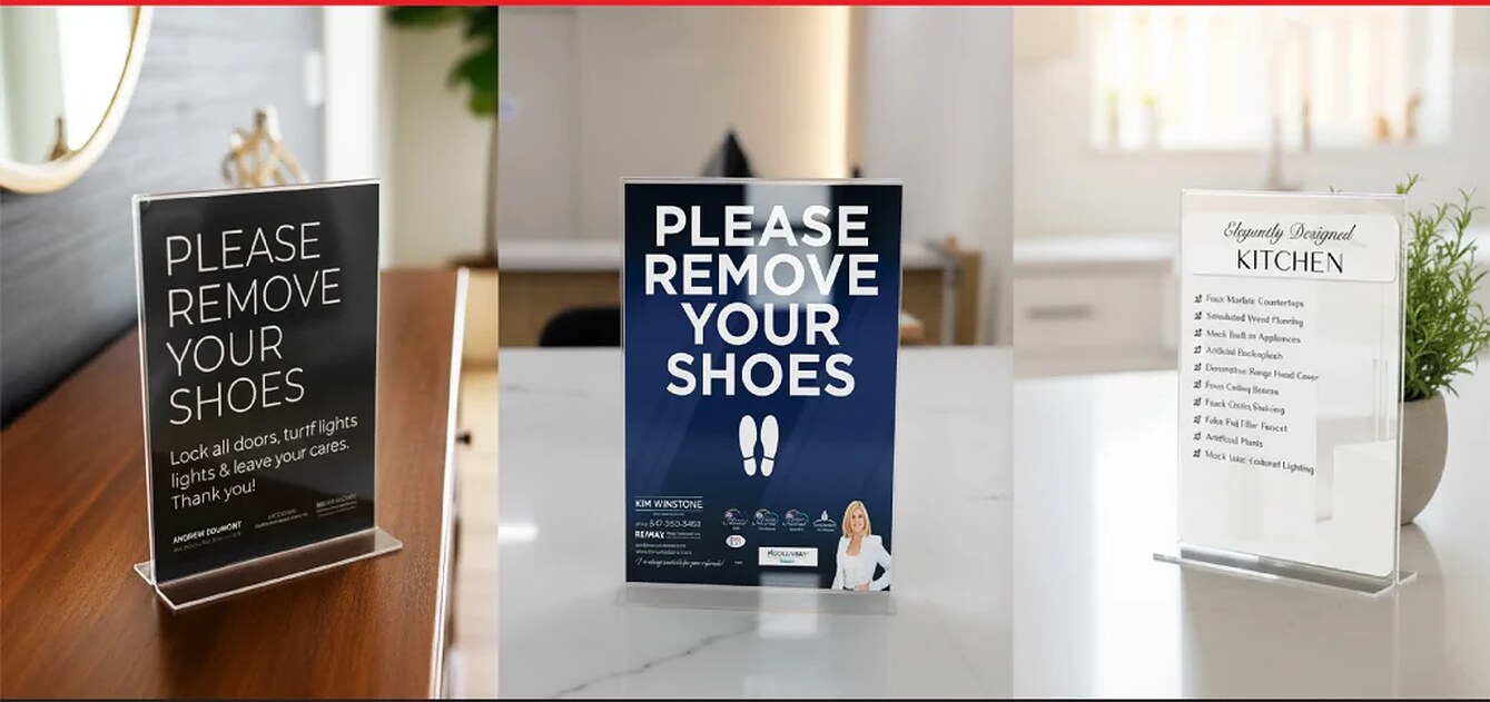 Three acrylic plastic sign holders on tables displaying Please Remove Your Shoes and kitchen feature cards