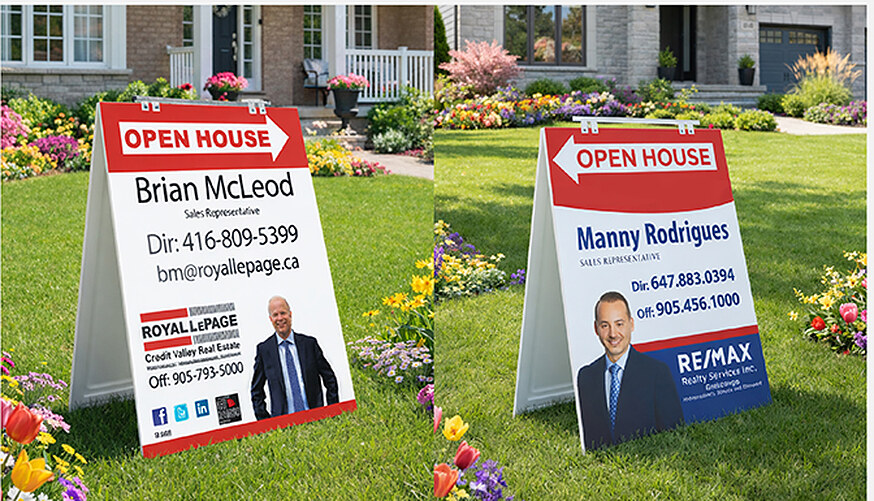 Two Open House PVC A-frame sandwich boards on lawns, printed for Royal LePage and RE/MAX agents
