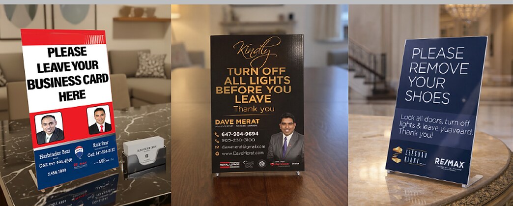 Three custom-designed 4mm coroplast open house signs asking visitors to leave a business card, turn off lights and remove shoes