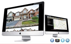 A real estate virtual tour open on a desktop iMac beside a second screen showing the property map