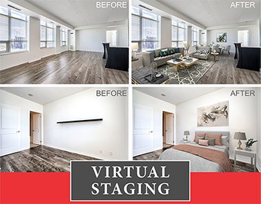 Before and after virtual staging: an empty living room and bedroom furnished digitally