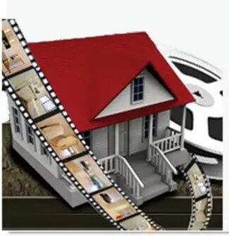 Illustration of a house wrapped in a film strip of interior photographs